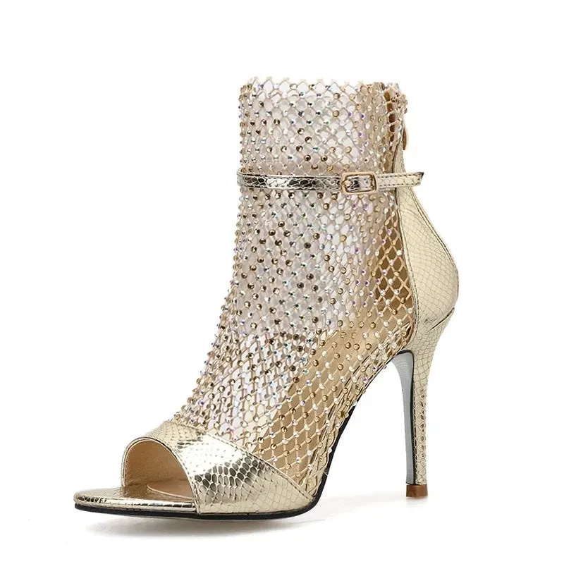 Gold Glitter Rhinestone Mesh Ankle Sandals Boots High Heels Sexy Booties Peep-toe Pumps Lady Party Shoes