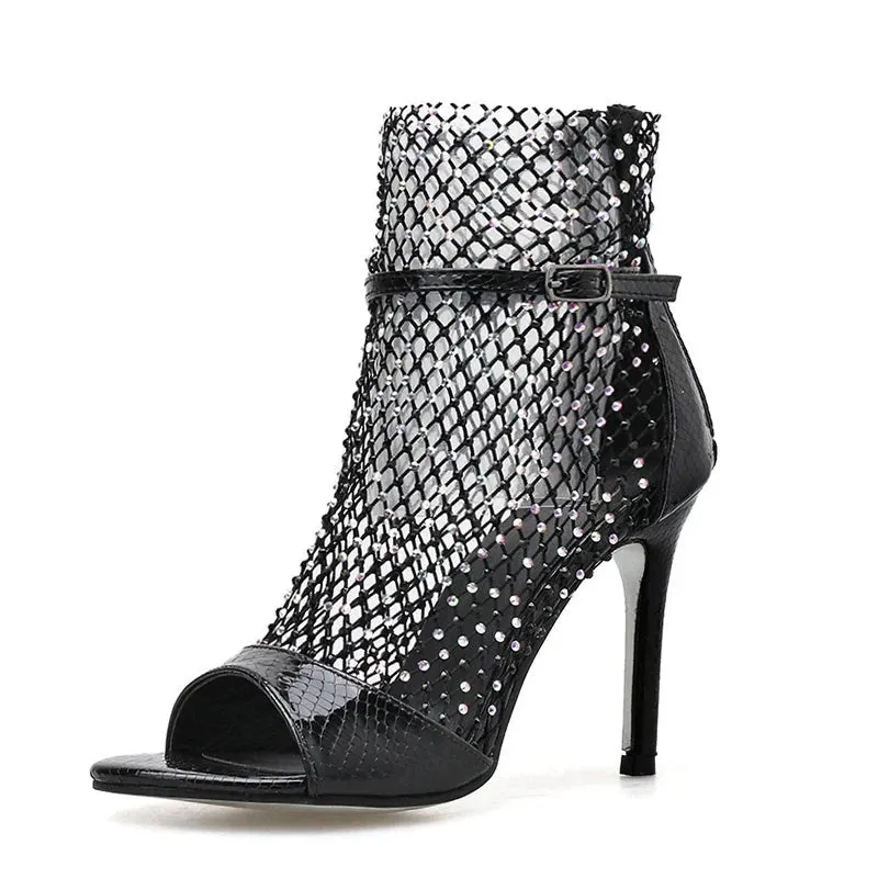 Gold Glitter Rhinestone Mesh Ankle Sandals Boots High Heels Sexy Booties Peep-toe Pumps Lady Party Shoes