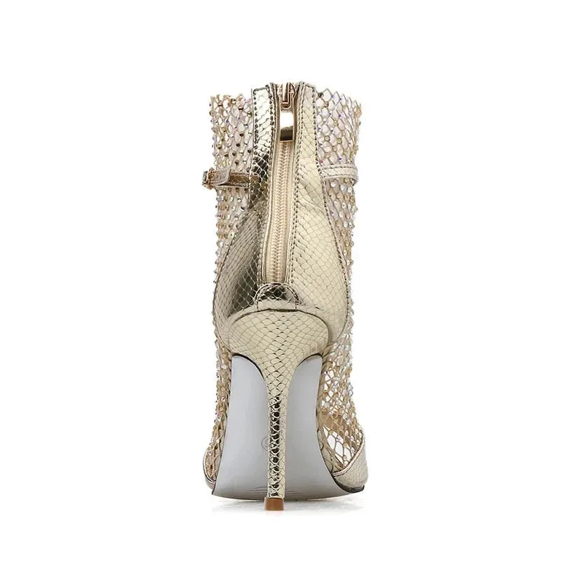 Gold Glitter Rhinestone Mesh Ankle Sandals Boots High Heels Sexy Booties Peep-toe Pumps Lady Party Shoes