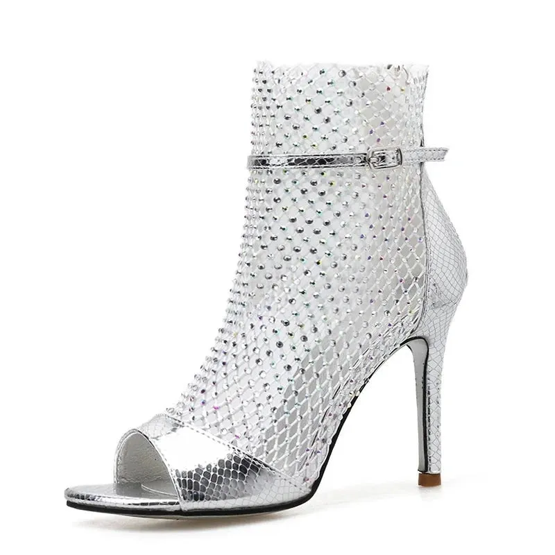 Gold Glitter Rhinestone Mesh Ankle Sandals Boots High Heels Sexy Booties Peep-toe Pumps Lady Party Shoes