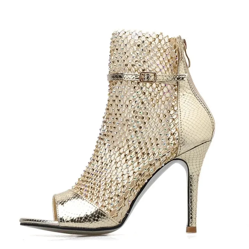 Gold Glitter Rhinestone Mesh Ankle Sandals Boots High Heels Sexy Booties Peep-toe Pumps Lady Party Shoes