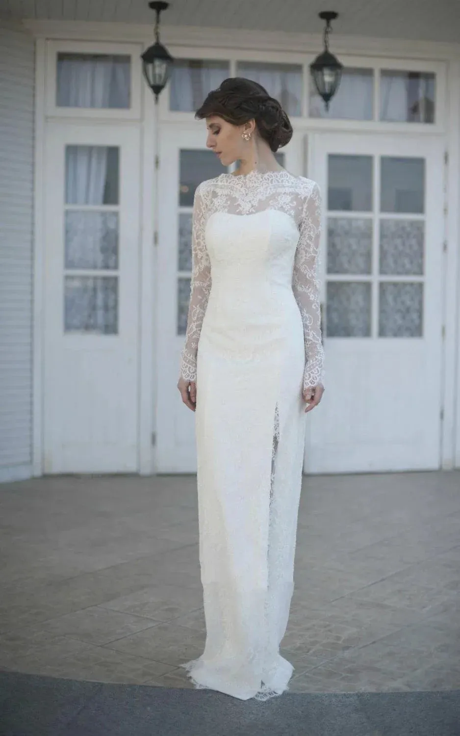 Gorgeous High-Neck Long Illusion Sleeve Mermaid Bridal Gown With Split Side