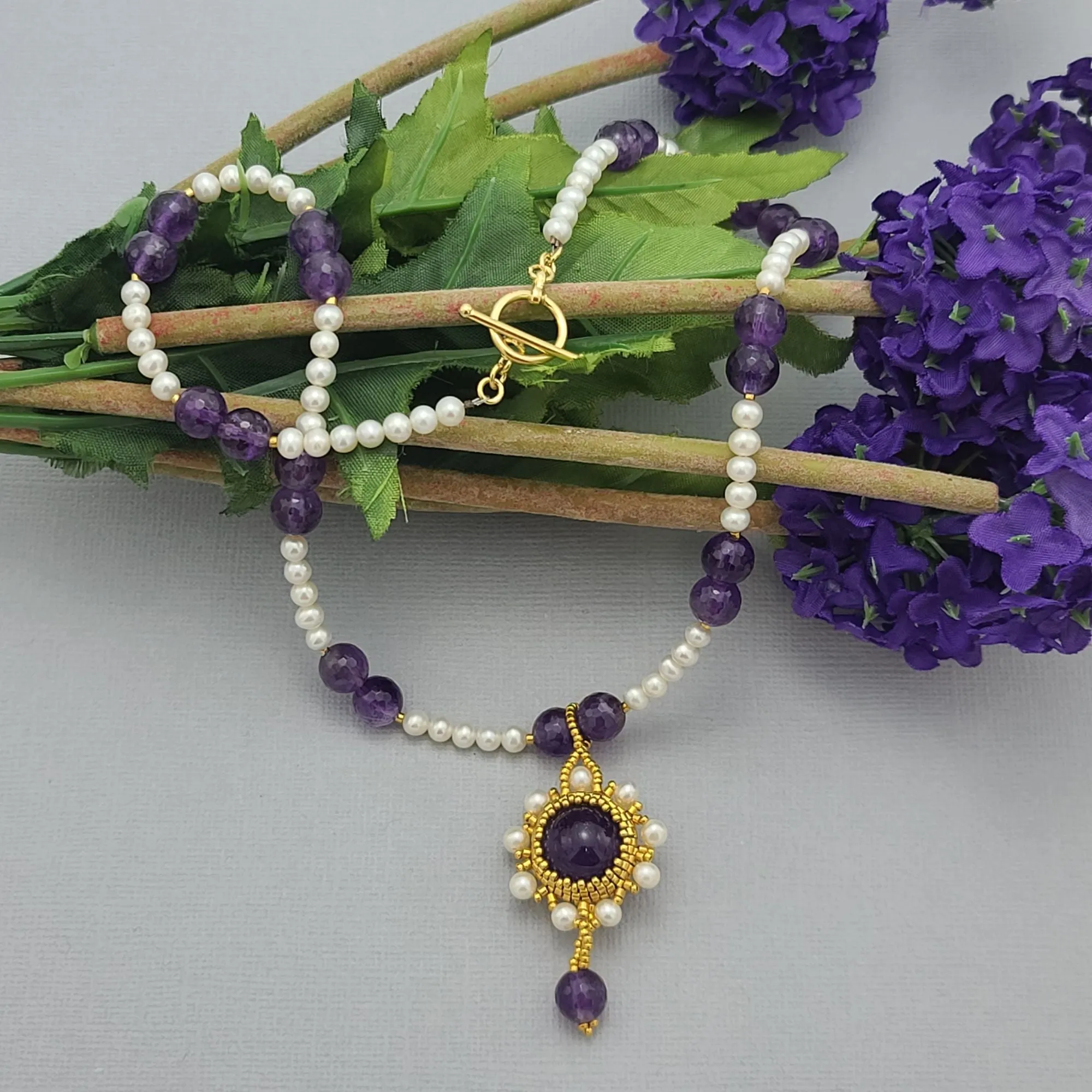 Handmade Amethyst and Freshwater Pearl Necklace Design.