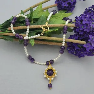 Handmade Amethyst and Freshwater Pearl Necklace Design.