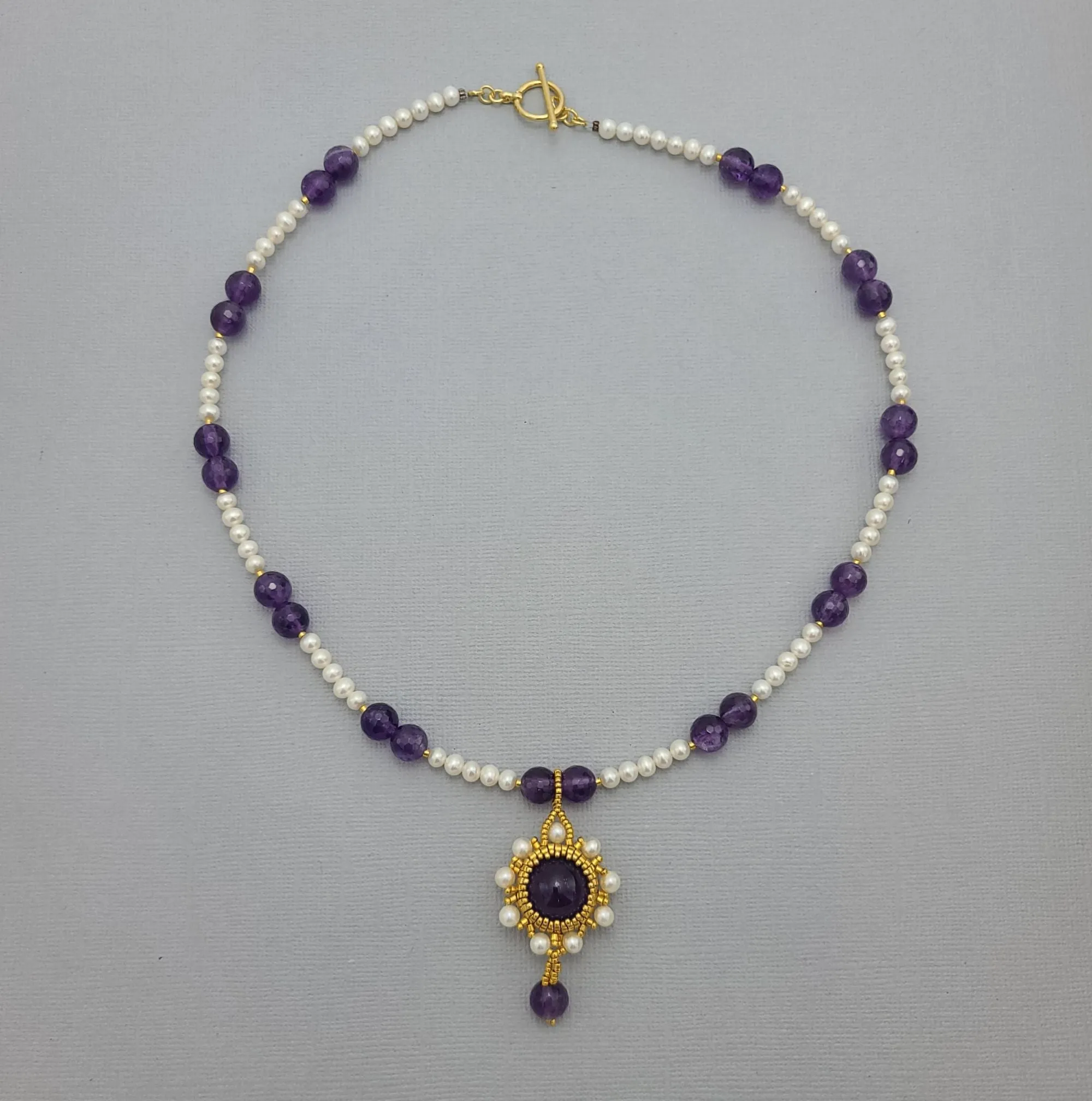 Handmade Amethyst and Freshwater Pearl Necklace Design.