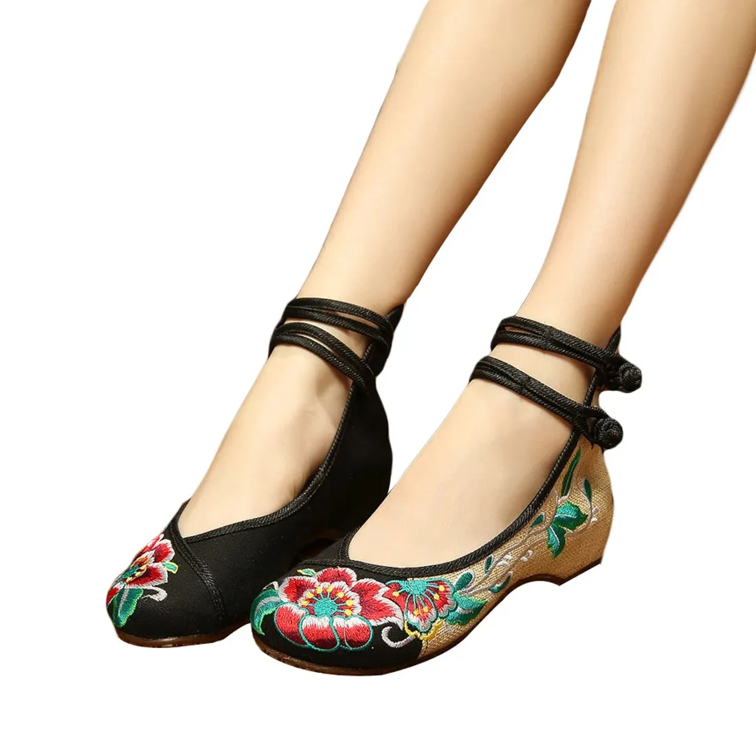 Handmade Women's Vintage Embroidered Canvas Ballet Flats Ladies Comfortable Chinese Ballerinas Vegan Embroidery Shoes