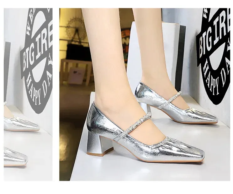 Heels Women Fashion CRYSTAL Pearl Pumps Square Toe Stripper Elegant Party Square Heel Ladies Shoes