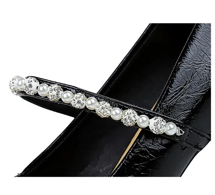 Heels Women Fashion CRYSTAL Pearl Pumps Square Toe Stripper Elegant Party Square Heel Ladies Shoes