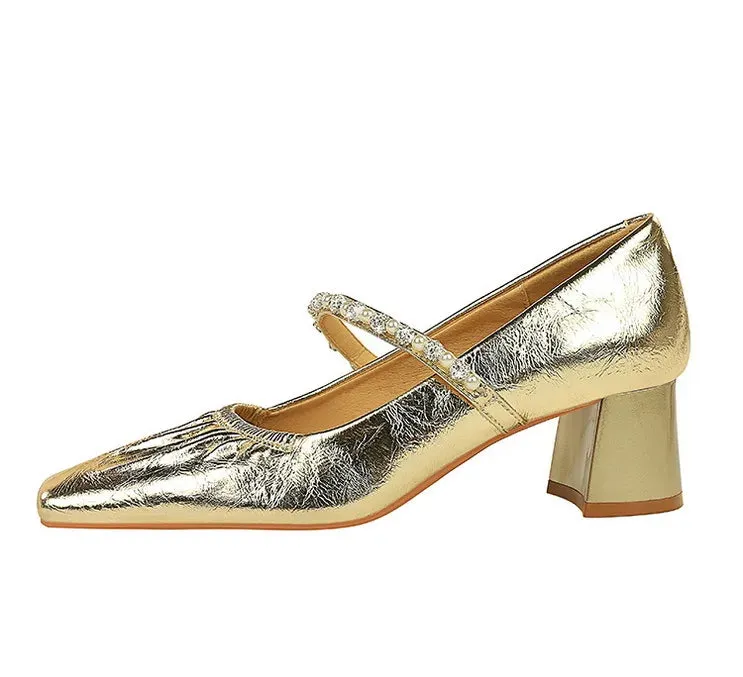 Heels Women Fashion CRYSTAL Pearl Pumps Square Toe Stripper Elegant Party Square Heel Ladies Shoes