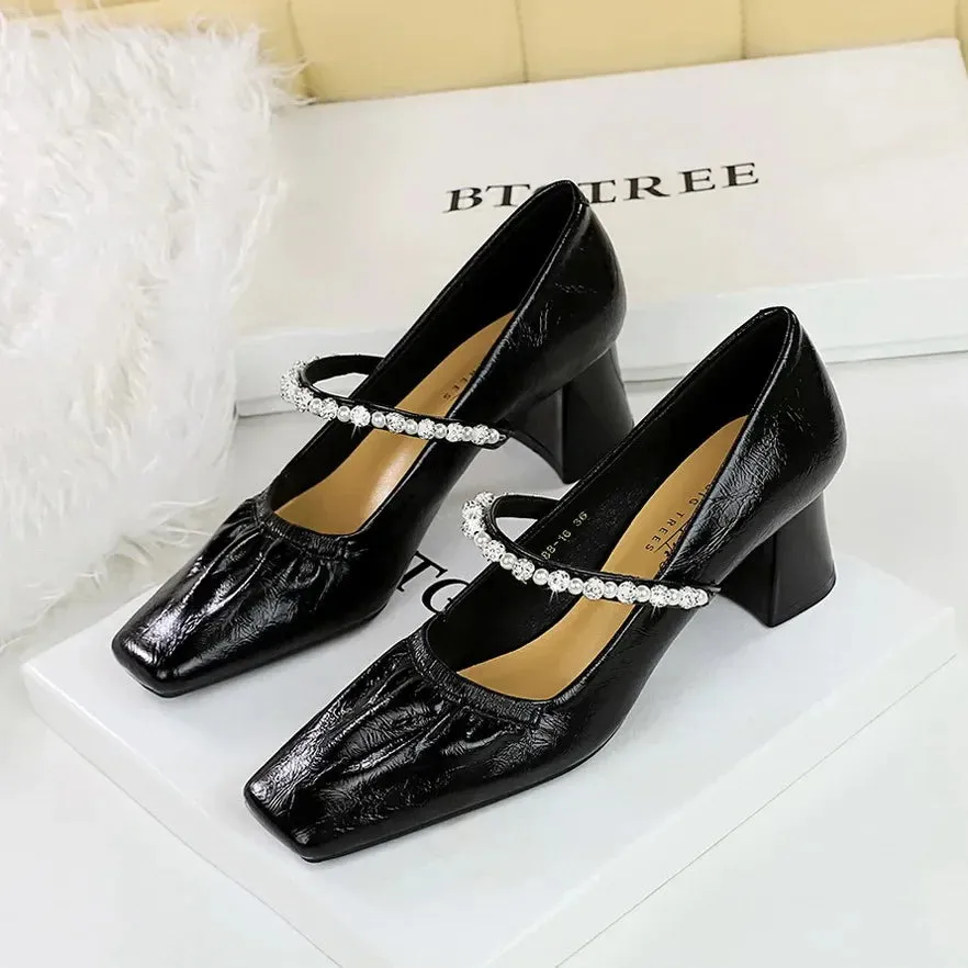 Heels Women Fashion CRYSTAL Pearl Pumps Square Toe Stripper Elegant Party Square Heel Ladies Shoes