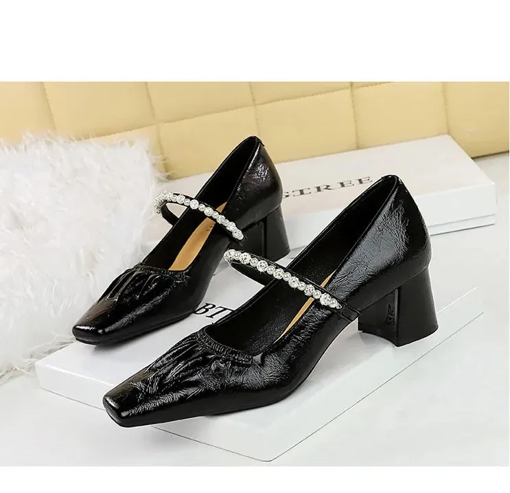 Heels Women Fashion CRYSTAL Pearl Pumps Square Toe Stripper Elegant Party Square Heel Ladies Shoes