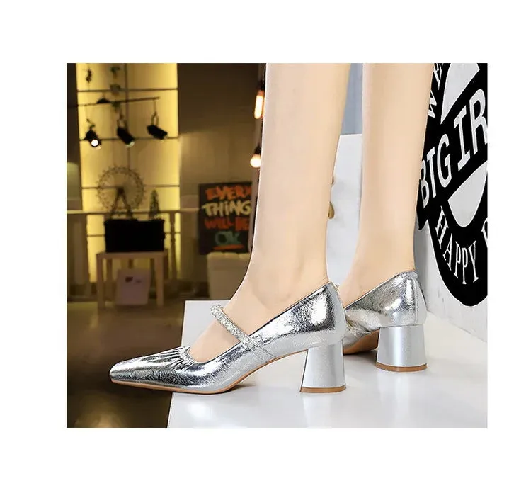Heels Women Fashion CRYSTAL Pearl Pumps Square Toe Stripper Elegant Party Square Heel Ladies Shoes