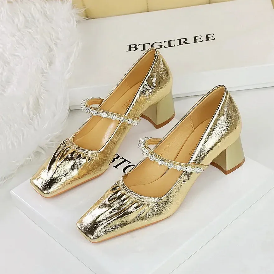 Heels Women Fashion CRYSTAL Pearl Pumps Square Toe Stripper Elegant Party Square Heel Ladies Shoes