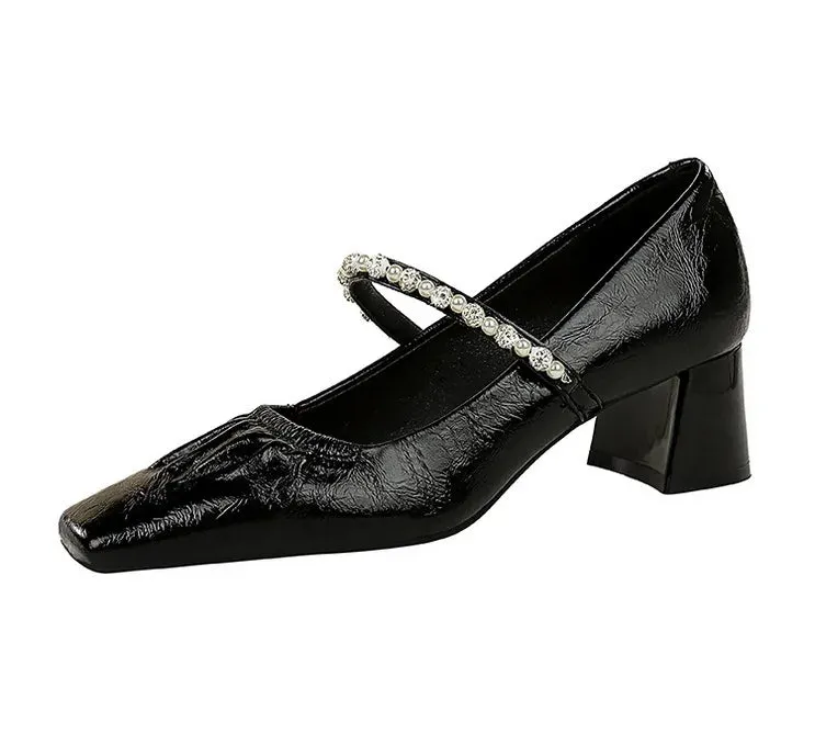 Heels Women Fashion CRYSTAL Pearl Pumps Square Toe Stripper Elegant Party Square Heel Ladies Shoes