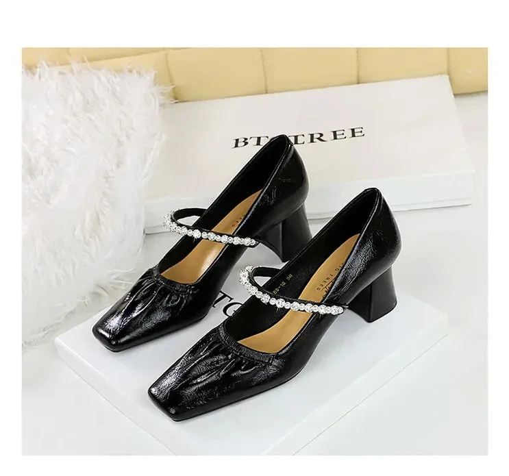 Heels Women Fashion CRYSTAL Pearl Pumps Square Toe Stripper Elegant Party Square Heel Ladies Shoes