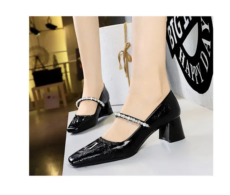 Heels Women Fashion CRYSTAL Pearl Pumps Square Toe Stripper Elegant Party Square Heel Ladies Shoes