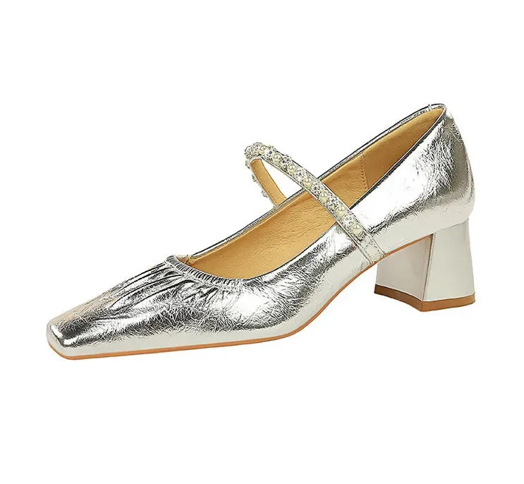 Heels Women Fashion CRYSTAL Pearl Pumps Square Toe Stripper Elegant Party Square Heel Ladies Shoes