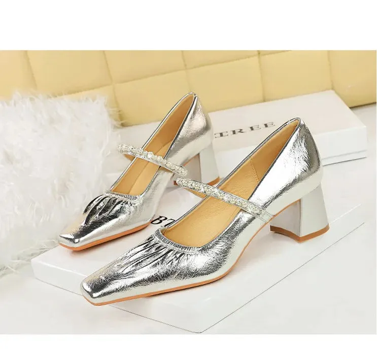 Heels Women Fashion CRYSTAL Pearl Pumps Square Toe Stripper Elegant Party Square Heel Ladies Shoes