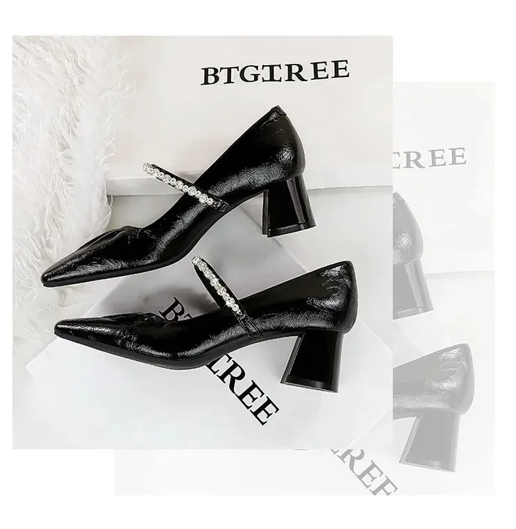 Heels Women Fashion CRYSTAL Pearl Pumps Square Toe Stripper Elegant Party Square Heel Ladies Shoes