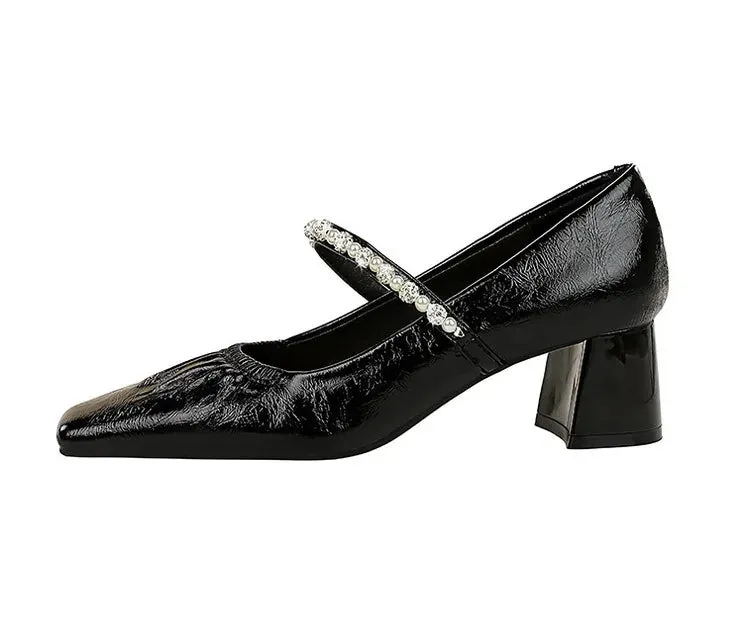 Heels Women Fashion CRYSTAL Pearl Pumps Square Toe Stripper Elegant Party Square Heel Ladies Shoes