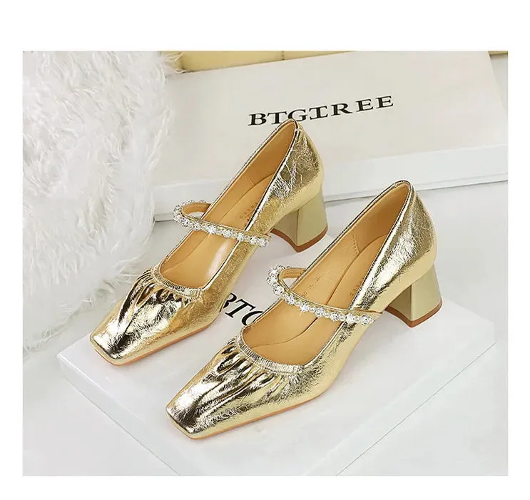 Heels Women Fashion CRYSTAL Pearl Pumps Square Toe Stripper Elegant Party Square Heel Ladies Shoes