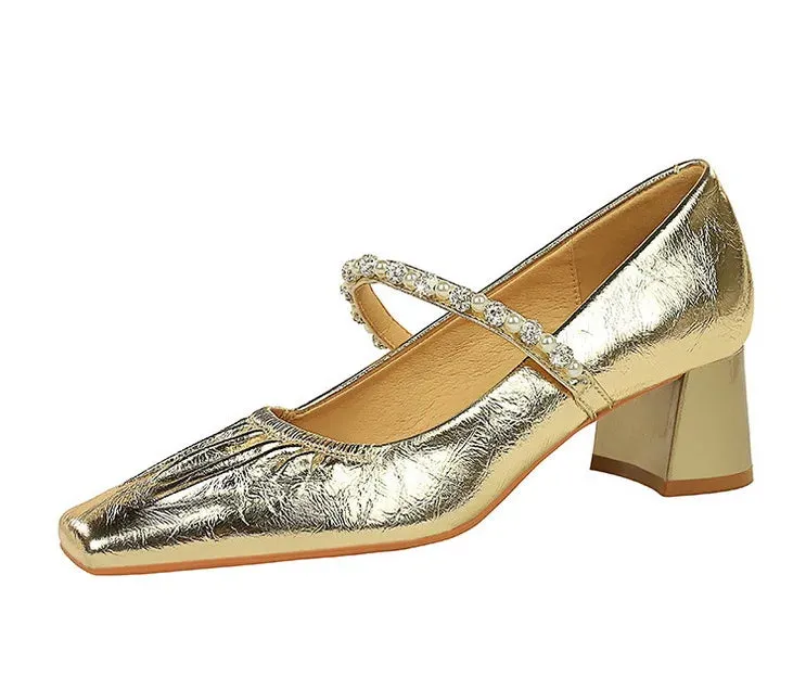 Heels Women Fashion CRYSTAL Pearl Pumps Square Toe Stripper Elegant Party Square Heel Ladies Shoes