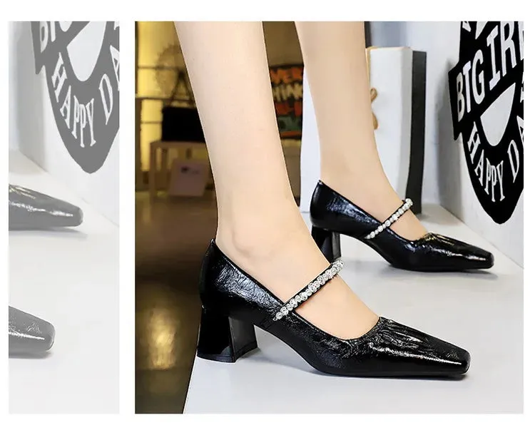 Heels Women Fashion CRYSTAL Pearl Pumps Square Toe Stripper Elegant Party Square Heel Ladies Shoes