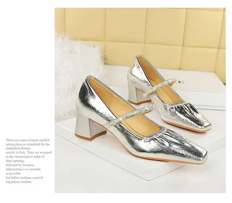 Heels Women Fashion CRYSTAL Pearl Pumps Square Toe Stripper Elegant Party Square Heel Ladies Shoes