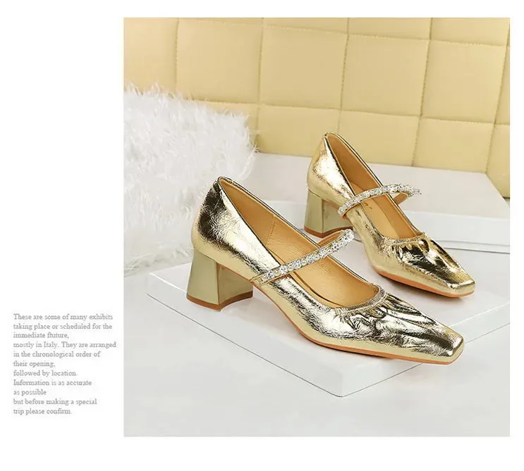 Heels Women Fashion CRYSTAL Pearl Pumps Square Toe Stripper Elegant Party Square Heel Ladies Shoes