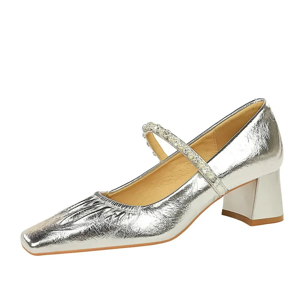 Heels Women Fashion CRYSTAL Pearl Pumps Square Toe Stripper Elegant Party Square Heel Ladies Shoes