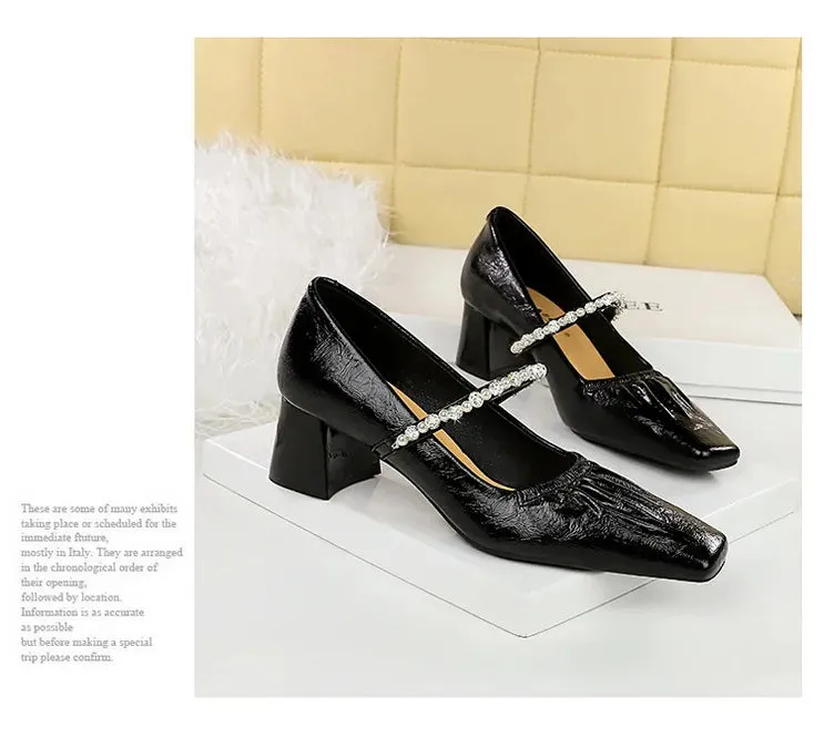 Heels Women Fashion CRYSTAL Pearl Pumps Square Toe Stripper Elegant Party Square Heel Ladies Shoes
