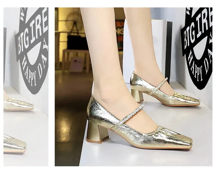 Heels Women Fashion CRYSTAL Pearl Pumps Square Toe Stripper Elegant Party Square Heel Ladies Shoes