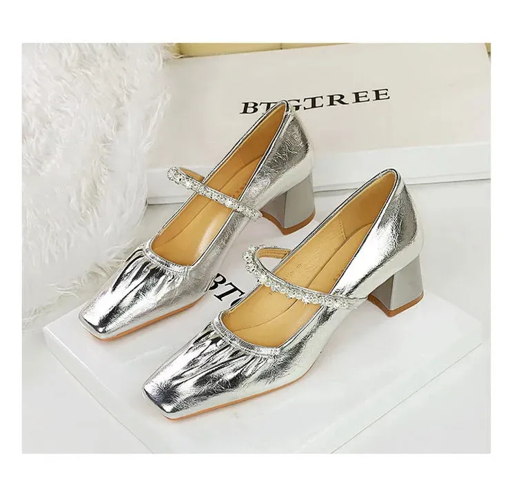 Heels Women Fashion CRYSTAL Pearl Pumps Square Toe Stripper Elegant Party Square Heel Ladies Shoes