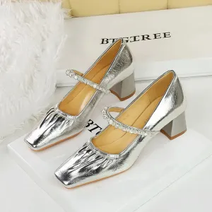 Heels Women Fashion CRYSTAL Pearl Pumps Square Toe Stripper Elegant Party Square Heel Ladies Shoes