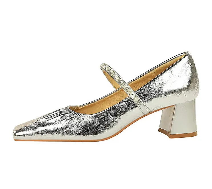 Heels Women Fashion CRYSTAL Pearl Pumps Square Toe Stripper Elegant Party Square Heel Ladies Shoes