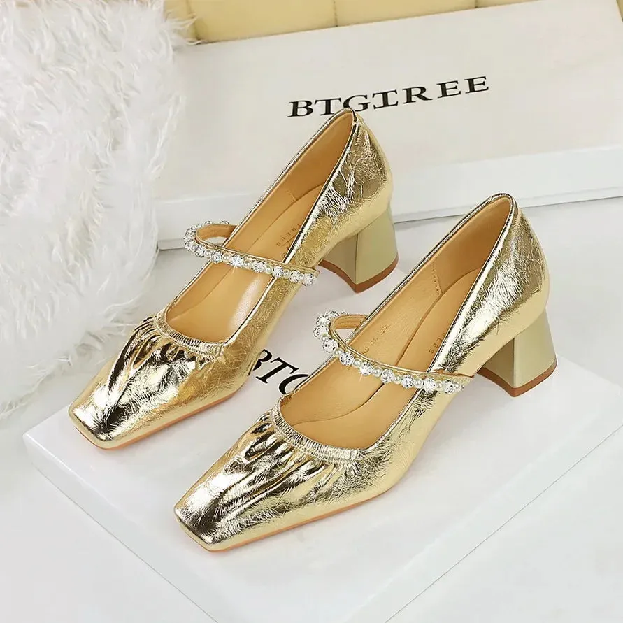 Heels Women Fashion CRYSTAL Pearl Pumps Square Toe Stripper Elegant Party Square Heel Ladies Shoes