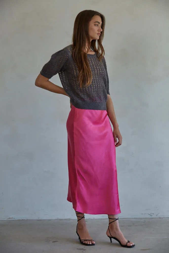 Hot Pink Satin Midi Skirt