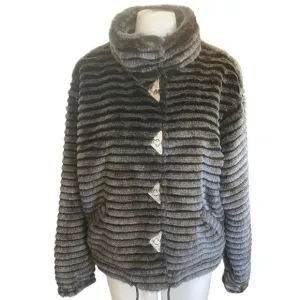 Jamie Sadock Size M Woman’s Faux Fur Coat Toggle Metal Buttons Black Gray