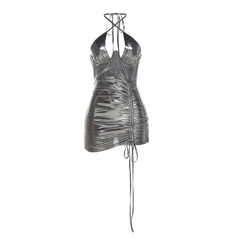 Jovienne Halter Ruched Metallic Bodycon Mini Dress