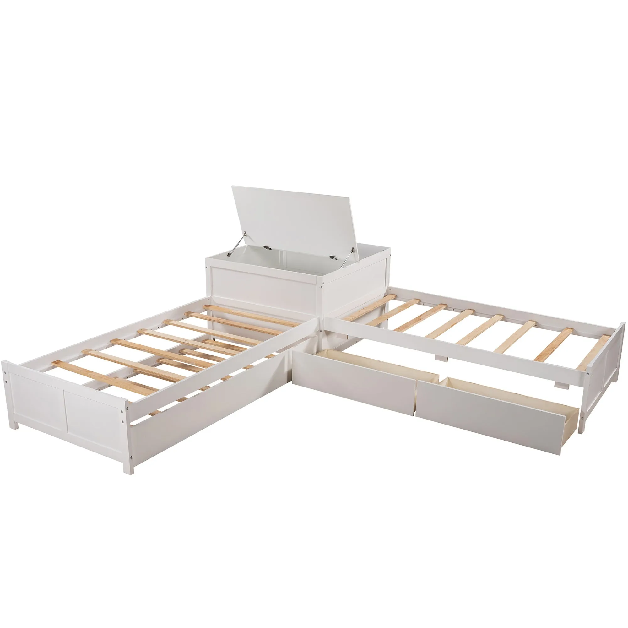 L-shaped Platform Bed with Trundle and Drawers Linked with built-in Flip Square Table,Twin