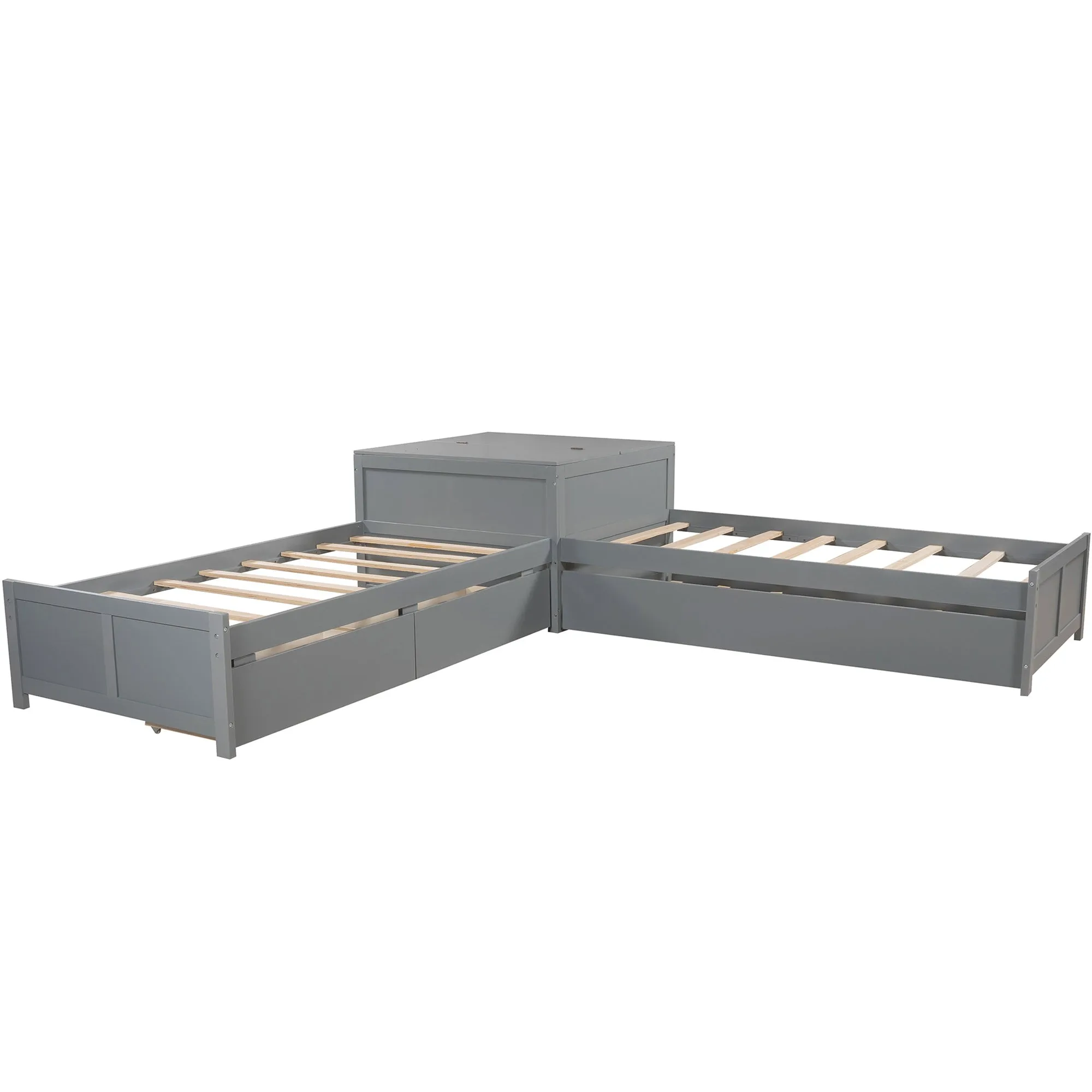L-shaped Platform Bed with Trundle and Drawers Linked with built-in Flip Square Table,Twin