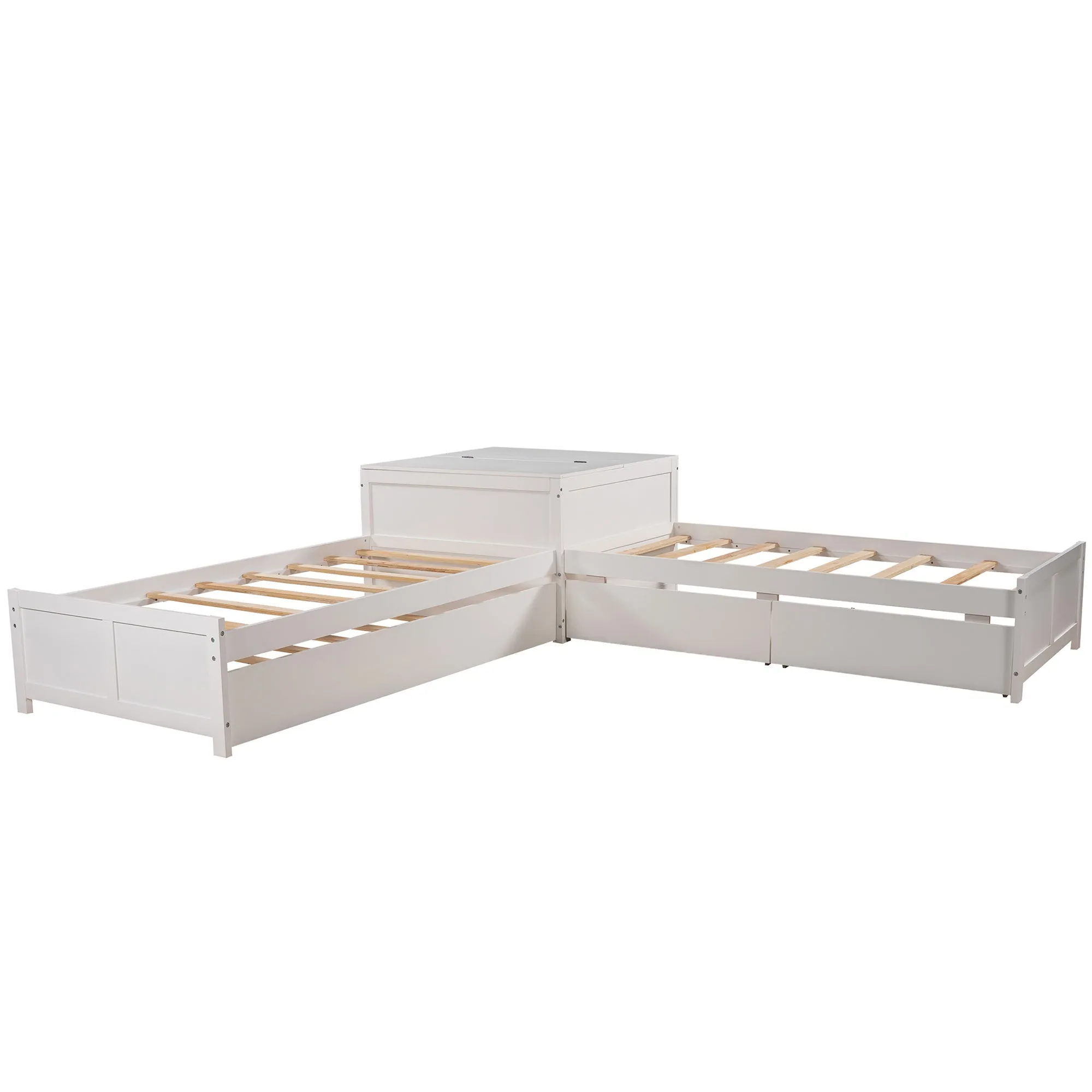 L-shaped Platform Bed with Trundle and Drawers Linked with built-in Flip Square Table,Twin