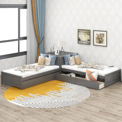 L-shaped Platform Bed with Trundle and Drawers Linked with built-in Flip Square Table,Twin