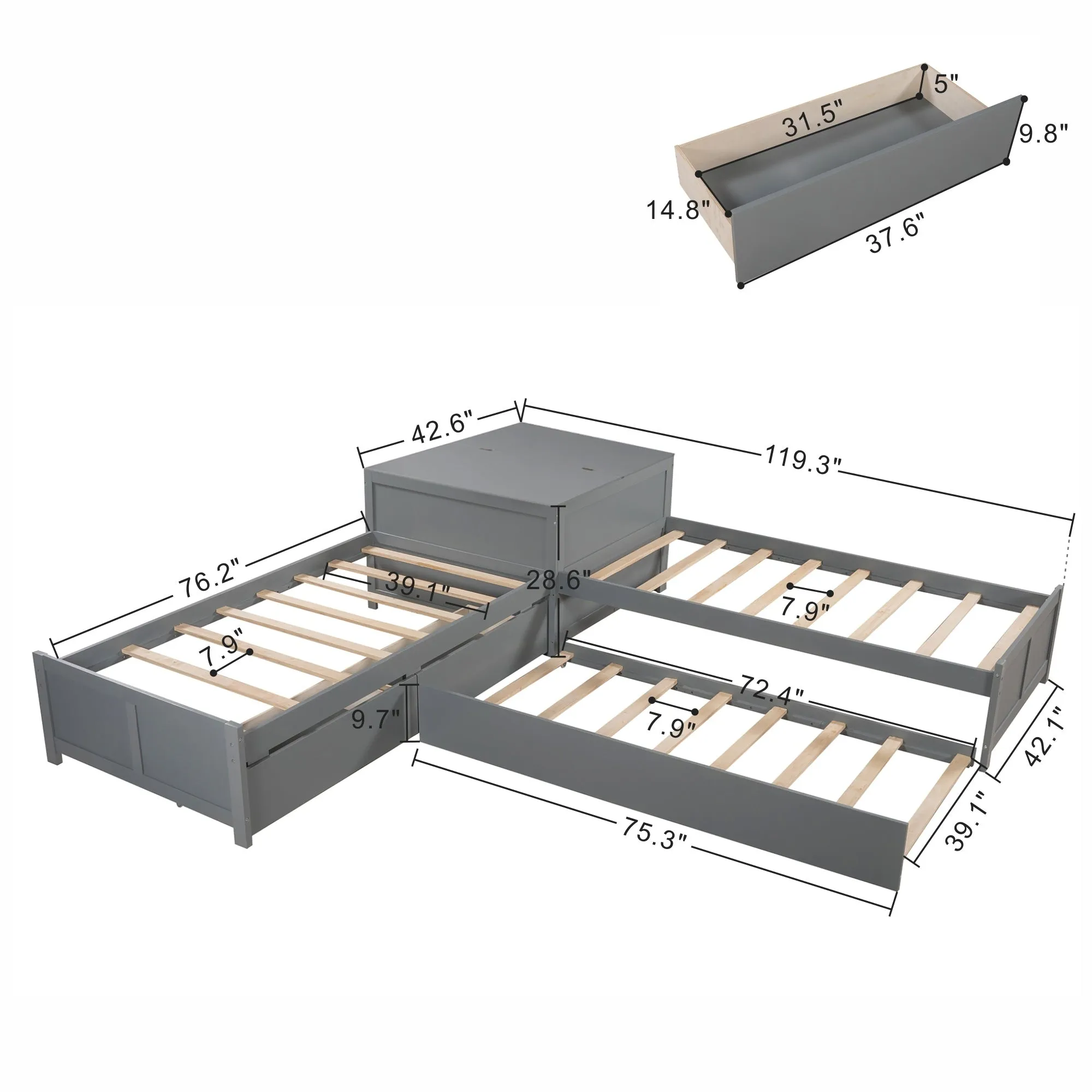 L-shaped Platform Bed with Trundle and Drawers Linked with built-in Flip Square Table,Twin