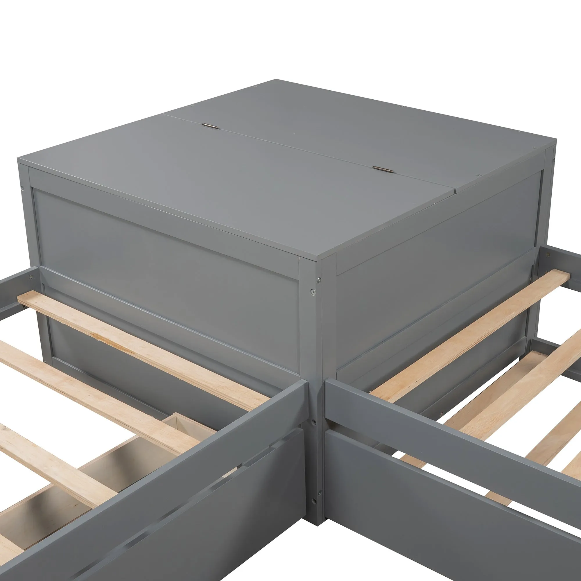 L-shaped Platform Bed with Trundle and Drawers Linked with built-in Flip Square Table,Twin