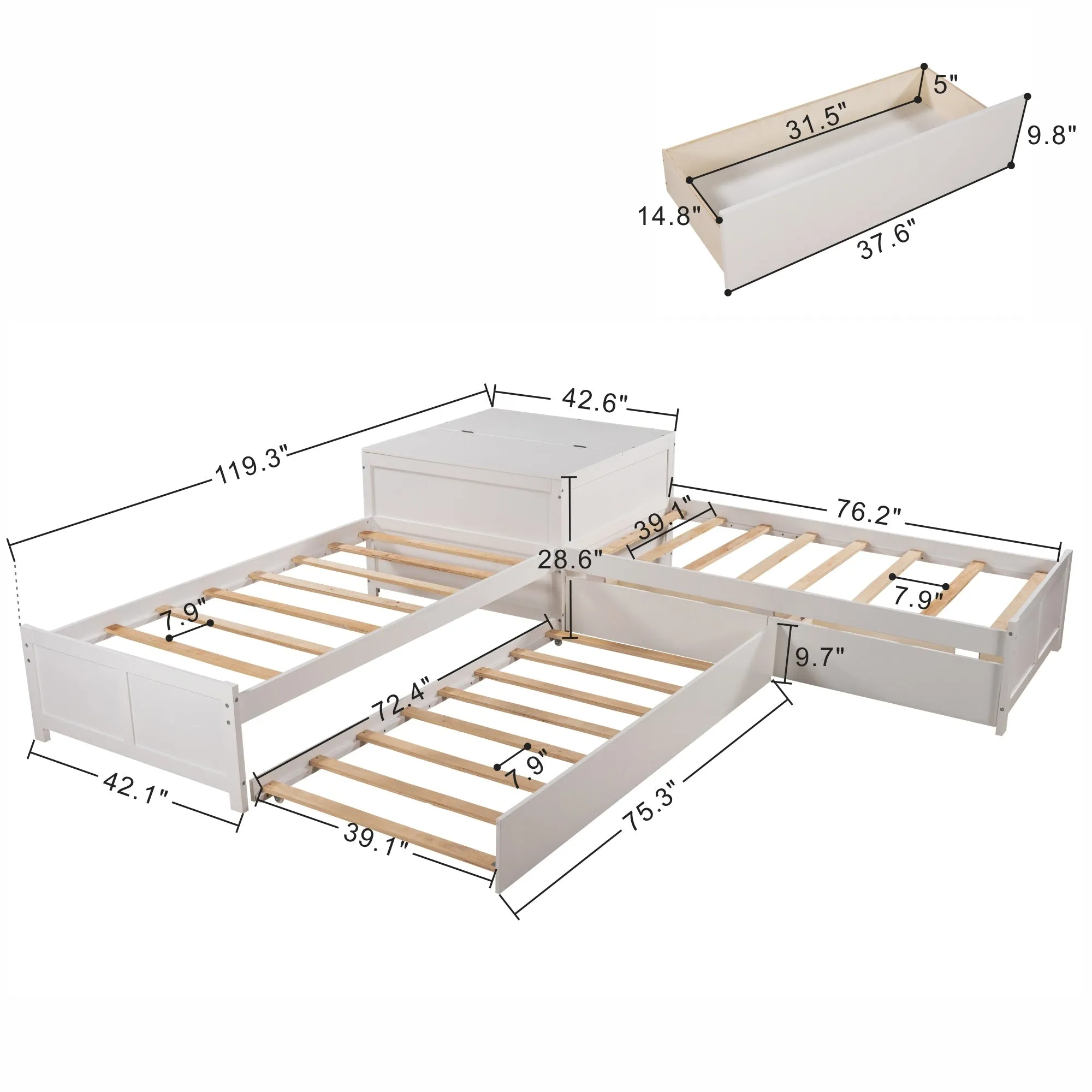L-shaped Platform Bed with Trundle and Drawers Linked with built-in Flip Square Table,Twin