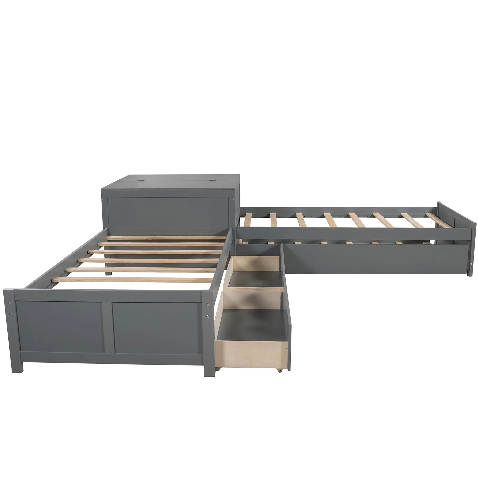 L-shaped Platform Bed with Trundle and Drawers Linked with built-in Flip Square Table,Twin