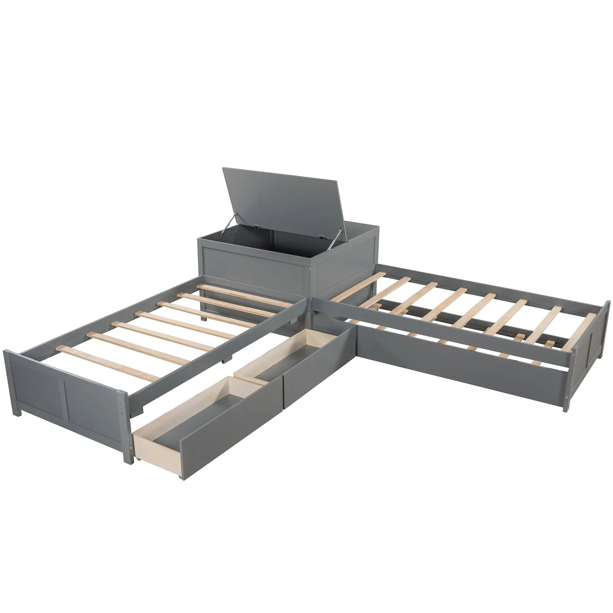 L-shaped Platform Bed with Trundle and Drawers Linked with built-in Flip Square Table,Twin