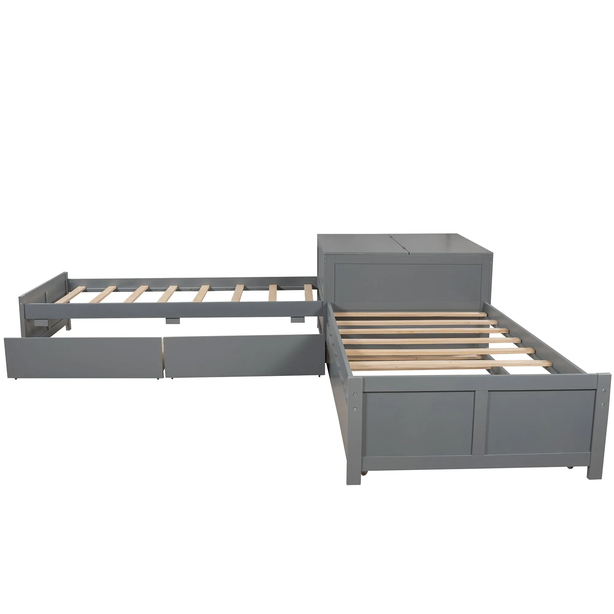 L-shaped Platform Bed with Trundle and Drawers Linked with built-in Flip Square Table,Twin