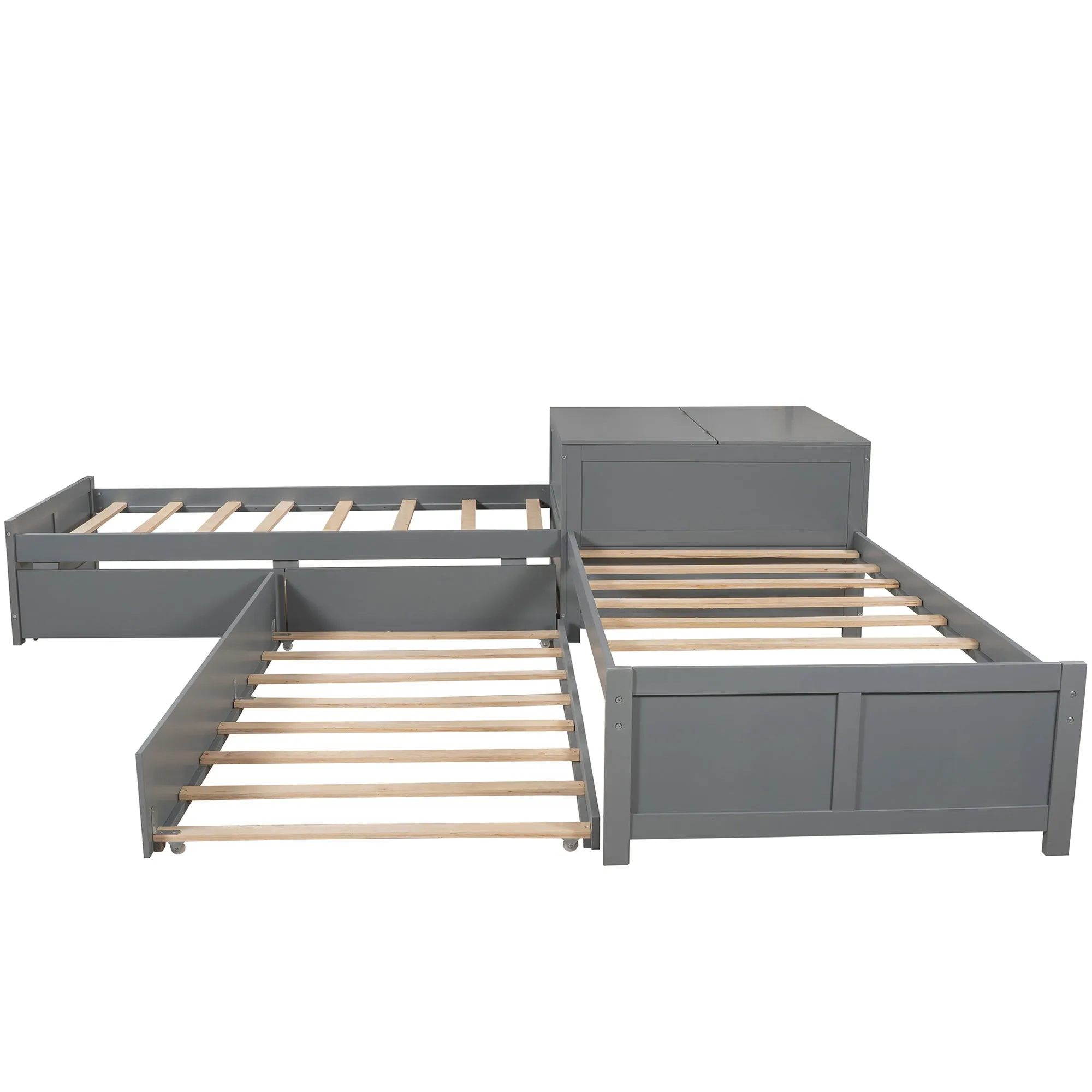L-shaped Platform Bed with Trundle and Drawers Linked with built-in Flip Square Table,Twin